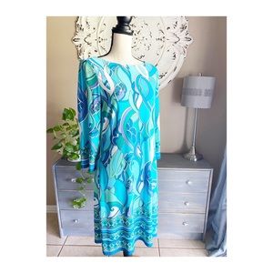 London Times Dress 3/4 sleeved Blue White Green 10